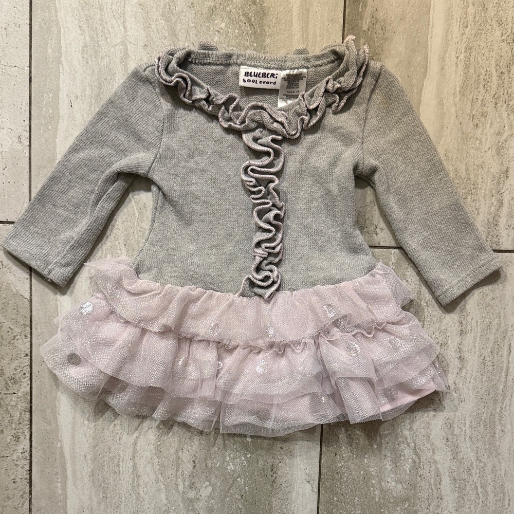 Blueberi Boulevard Gray Sweater Dress with Pink Tulle Skirt